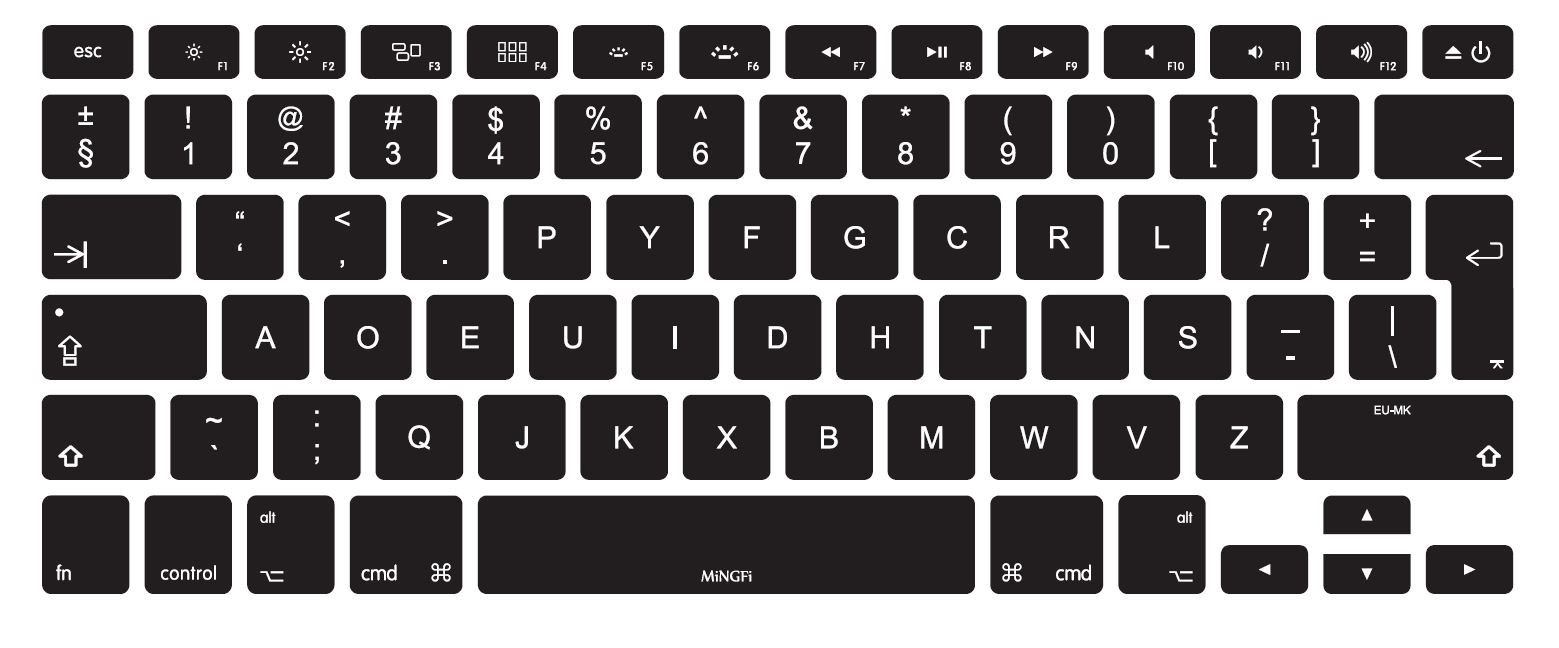 MiNGFi Dvorak silicone coperchio della tastiera Copritastiera per MacBook Pro/Air (2008-2015) Modello A1278 A1286 A1369 A1398 A1425 A1466 A1502 EU/ISO layout della tastiera - Nero
